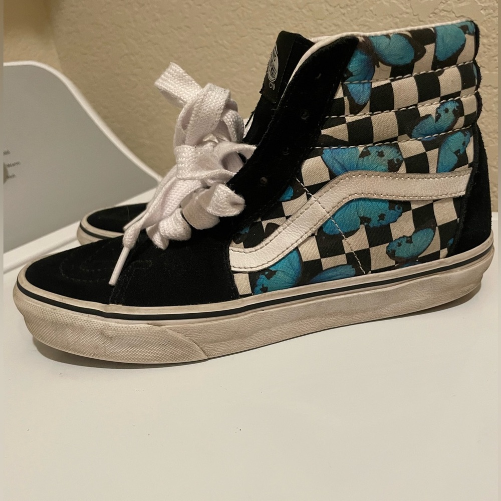 Vans High-Top Checkerboard Sneakers with Blue Butterfly Accents